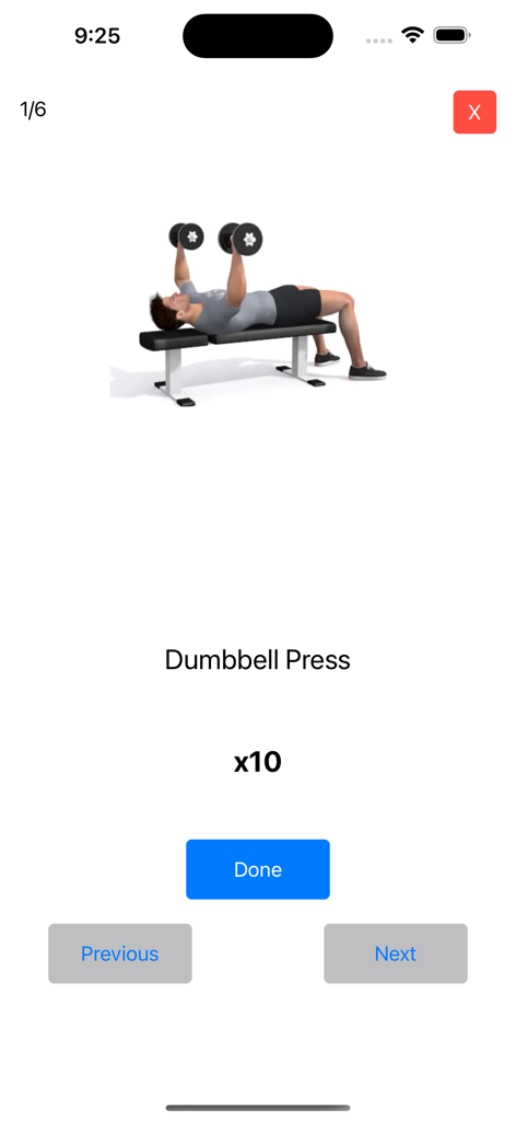 Dumbbell Home Workout Plan - Pantalla de aplicación móvil que muestra una ilustración 3D de un hombre realizando un press de mancuernas con 10 repeticiones