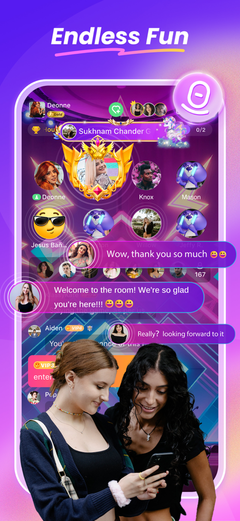SUGO-Online Chat Party - Interface of SUGO chat app showing a group voice party room with various user avatars and active text chat