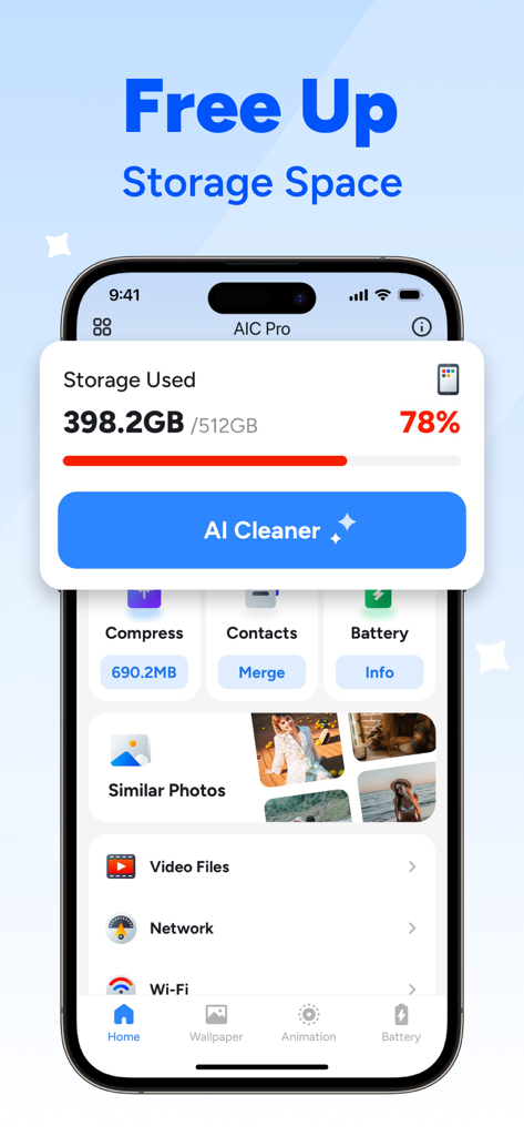 Wipe Neat app showing storage status and AI cleaning tool