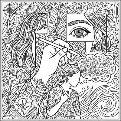 Dive into a world of introspection and artistry with this unique fragmented self-portrait coloring page. It's a journey of self-discovery through intricate lines and imaginative details, perfect for adult and teen colorists.