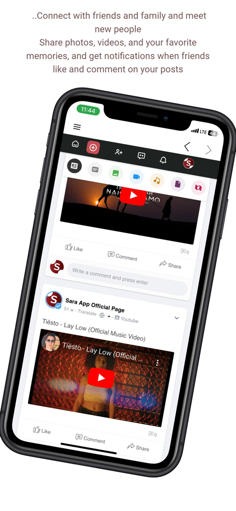 Sara App - Uma tela de smartphone exibindo o feed de mídia social do Sara App e conteúdo de vídeo
