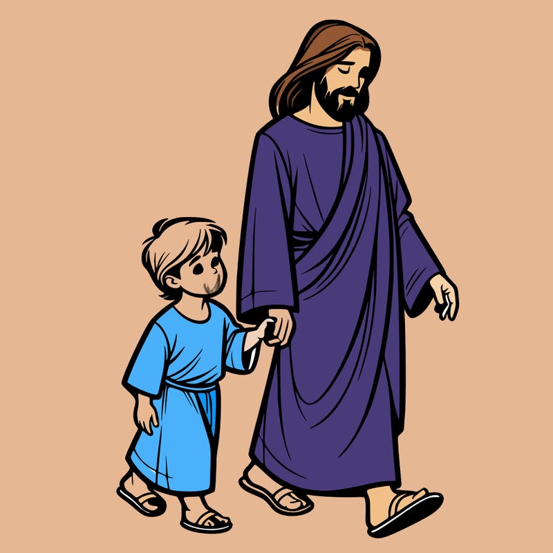 jesus walking with a child