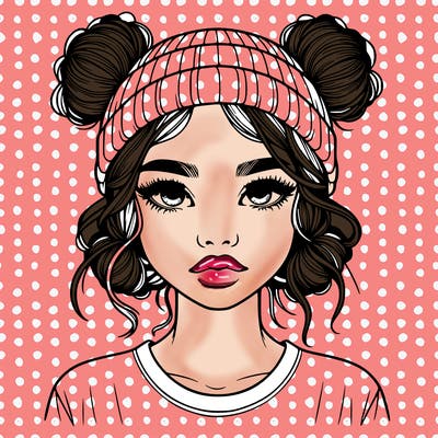 realistic girl with buns in her hair with a beanie on