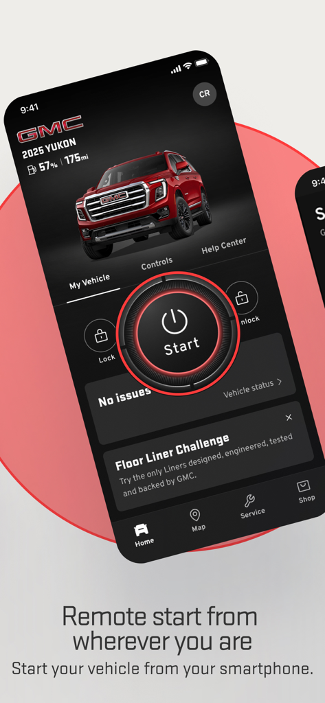 myGMC - Smartphone screen showing the myGMC app interface with a remote start button and a red GMC Yukon SUV.