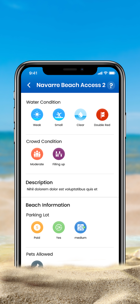 Beach Bums - Pantalla de la aplicación móvil Beach Bums que muestra las condiciones del agua, el estado de la multitud y los detalles de aparcamiento para Navarre Beach Access 2