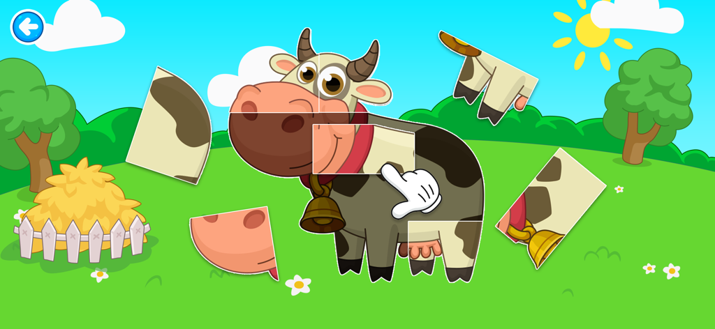 Kids Logic Quest - A colorful educational puzzle game for toddlers showing a cartoon cow with missing pieces in a sunny field