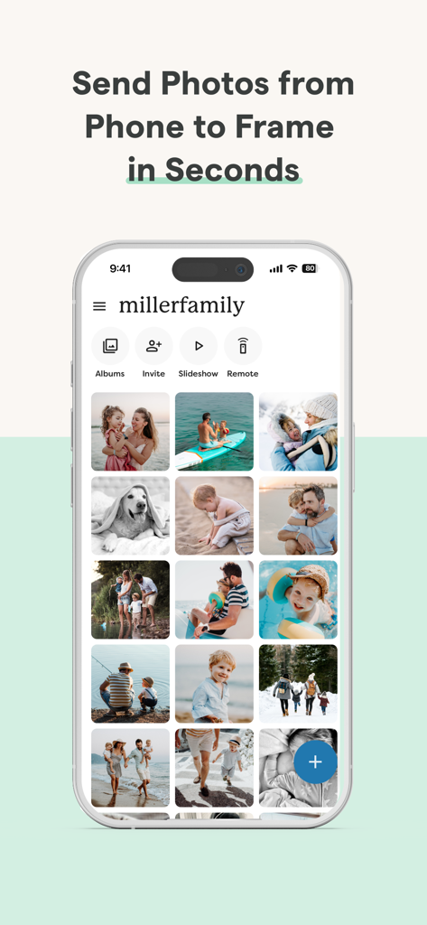Interfaz de la App Skylight que muestra una galería de fotos familiares y funciones para compartir.