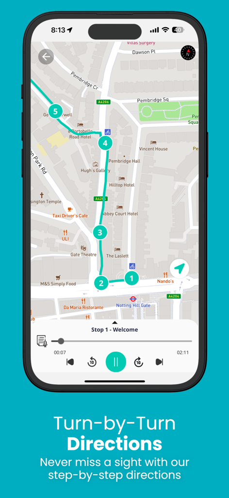 A mobile app interface displaying a walking tour map with turn-by-turn directions and audio controls.
