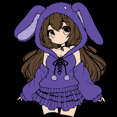pretty anime girl wearing a fluffy hoodie with bunny ears on the hood and a skirt