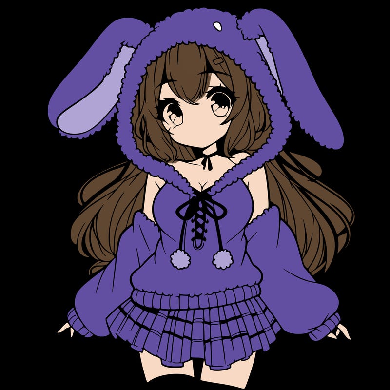 pretty anime girl wearing a fluffy hoodie with bunny ears on the hood and a skirt