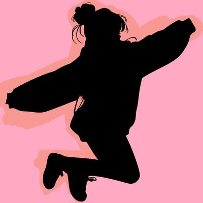 realistic girl jumping with a bun and oversized sweatshirt