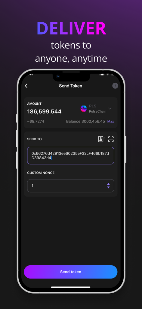 Interface de l'application mobile Pulse Wallet pour envoyer des jetons de cryptomonnaie