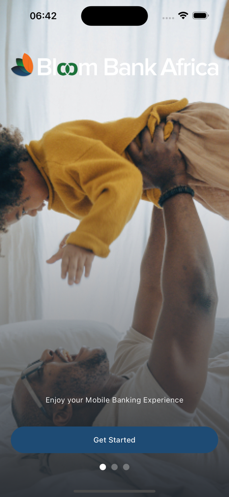 Bloom Bank Mobile - Bloom Bank Mobile welcome screen with a father lifting a child and a get started button