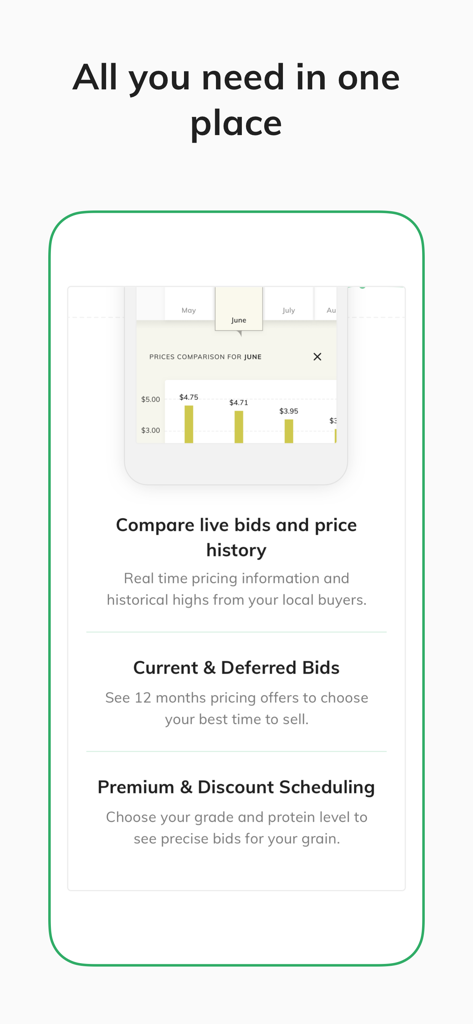 Interface of Farmbucks app highlighting features for comparing grain bids historical prices and deferred pricing options for farmers