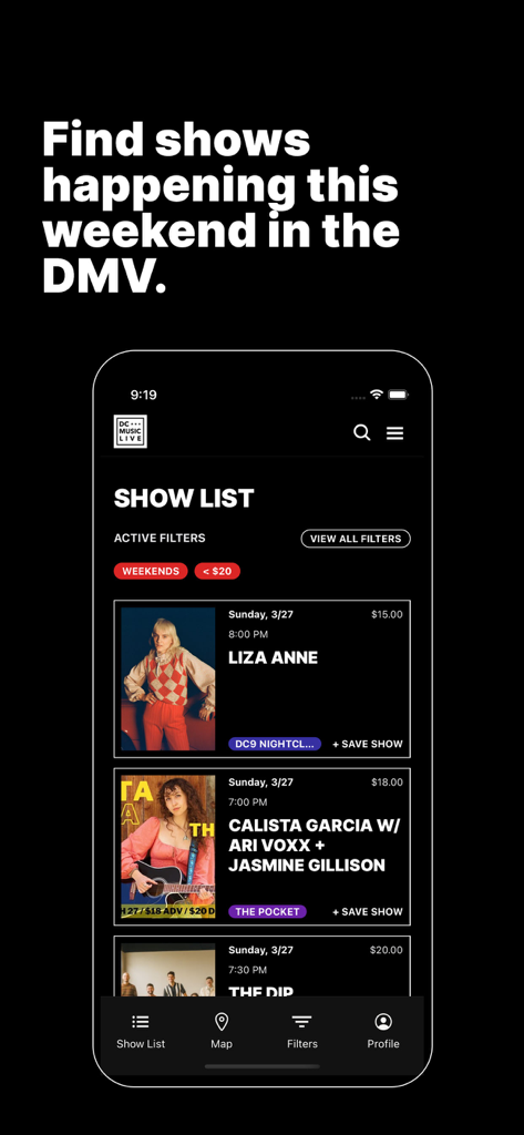 DC Music Live app interface displaying a list of live music concerts in the DMV area with weekend and price filters