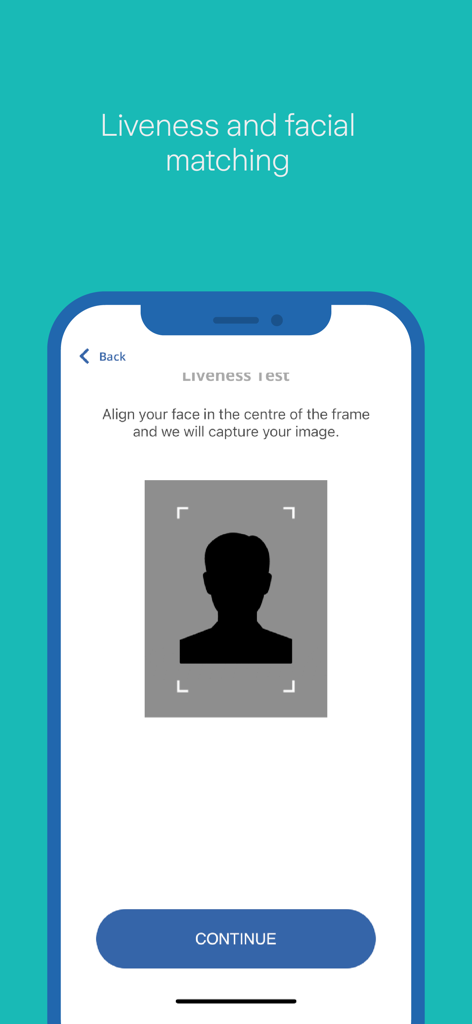 Zurich Verify - Interface do aplicativo Zurich Verify mostrando o teste de vivacidade e a etapa de correspondência facial