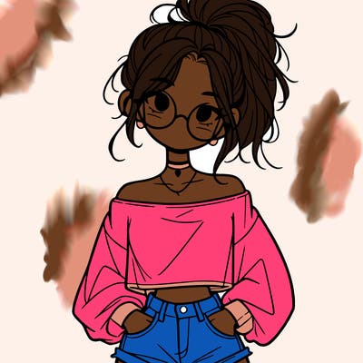 girl with a messy ponytail glasses a baggy crop top and jean shorts