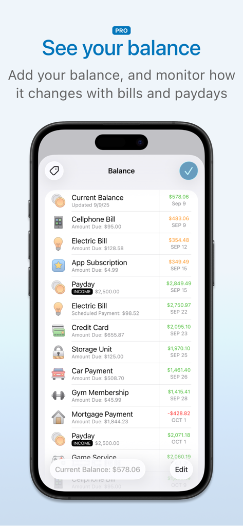 Chronicle - Bill Organizer - Pantalla de la aplicación móvil que muestra una lista cronológica de facturas y días de pago con su impacto en el saldo de la cuenta