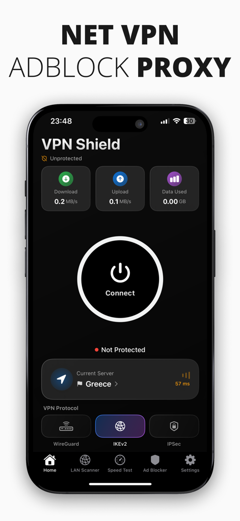 NetVPN Adblock Proxy Unlimited - Main interface of NetVPN Adblock Proxy showing the VPN Shield connection button and server location in Greece.