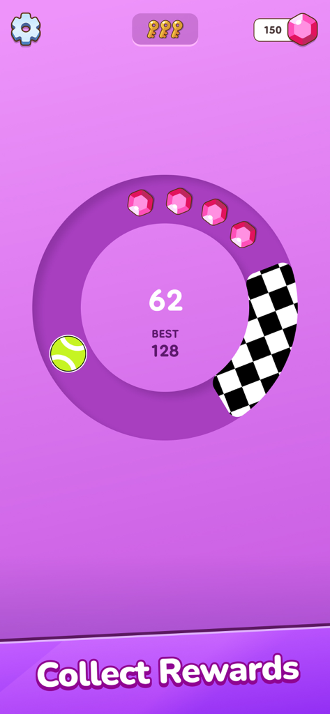 Tap on Time! - Tap on Time gameplay screen showing a score of 62 and a tennis ball moving around a circular path to collect gems and hit targets