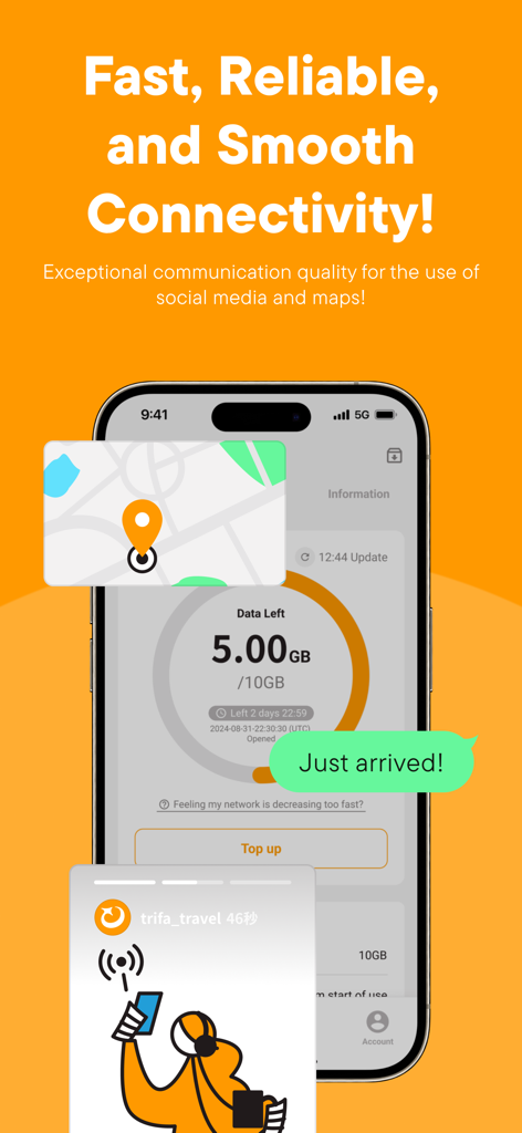 trifa - Travel eSIM Store App - trifaアプリのデータ使用量ダッシュボードを表示するiPhone画面。地図やソーシャルメディアアイコンがあり、旅行中の接続状況を示しています。