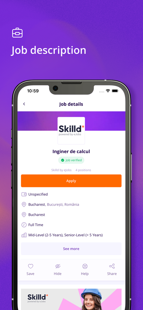 eJobs.ro - A screenshot of the eJobs app showing detailed information for a Calculation Engineer job listing
