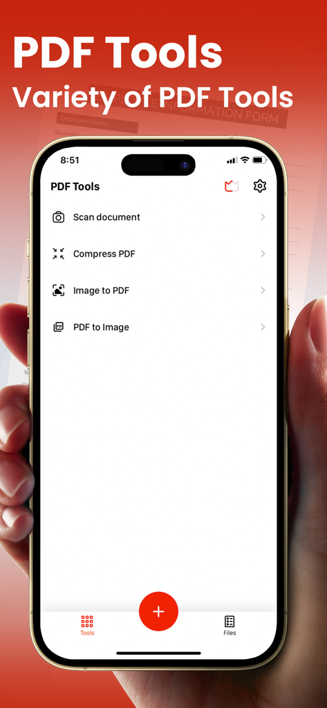 Pantalla de la aplicación móvil que muestra una variedad de herramientas de PDF, incluida la conversión de imágenes, compresión y escaneo de documentos