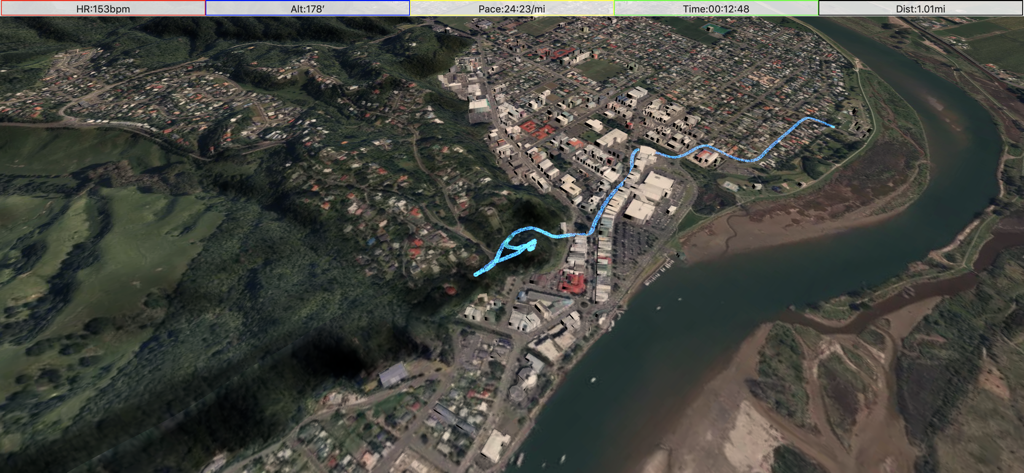 A 3D route playback on a topographic map featuring real-time heart rate and pace statistics
