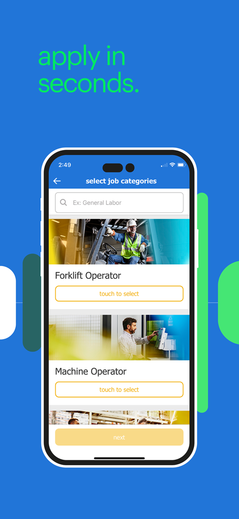 randstad: jobs for workers - Randstad app screen showing job category selection for positions like forklift operator and machine operator