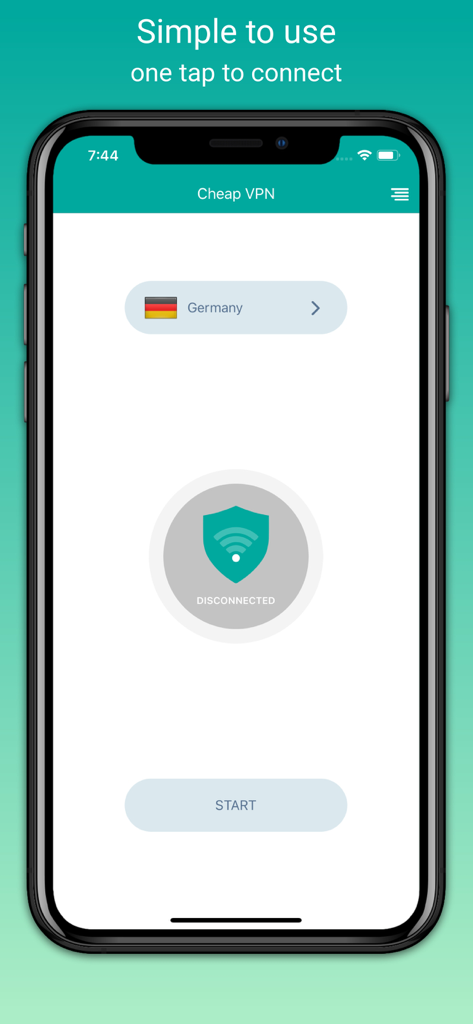 Cheap VPN - Fast Secure Proxy - Screenshot der Cheap VPN mobilen App, die die einfache Ein-Tipp-Verbindungsoberfläche mit einer deutschen Serverauswahl zeigt.