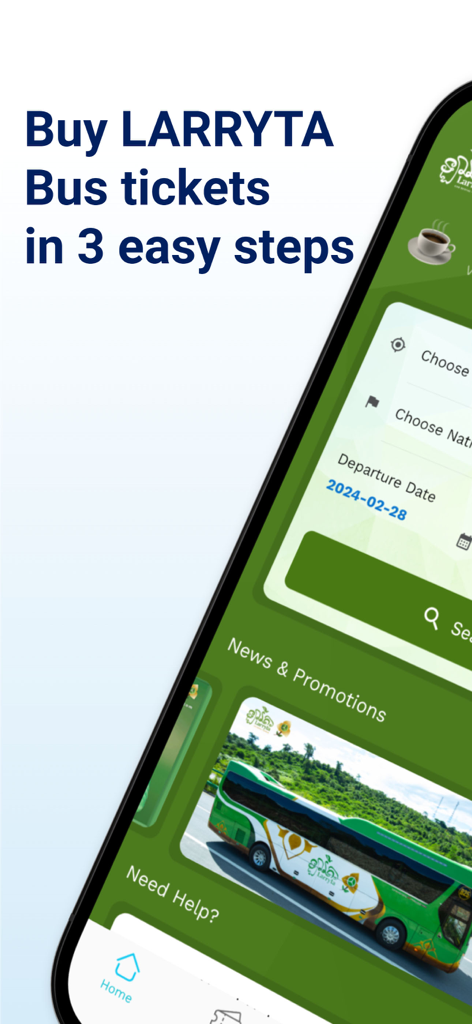 Larryta Bus mobile app interface showing a three step ticket booking process and a photo of a green express bus