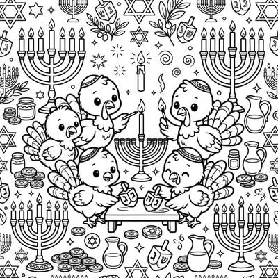 Get ready for a heartwarming Hanukkah celebration with our charming baby turkeys! This delightful coloring page combines festive symbols with incredibly cute characters, perfect for spreading holiday cheer.
