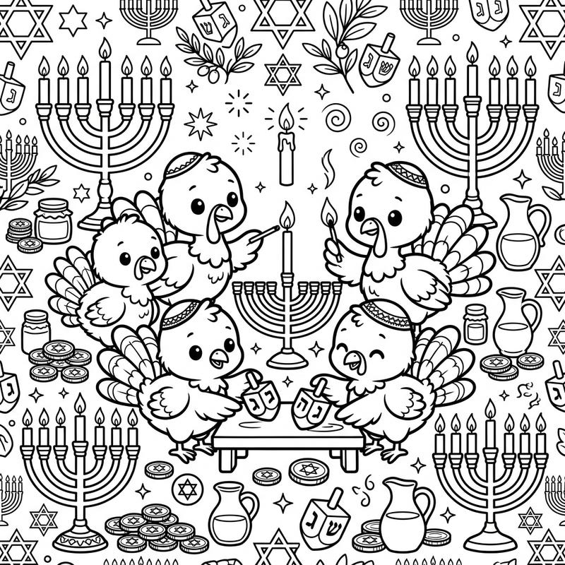 Get ready for a heartwarming Hanukkah celebration with our charming baby turkeys! This delightful coloring page combines festive symbols with incredibly cute characters, perfect for spreading holiday cheer.