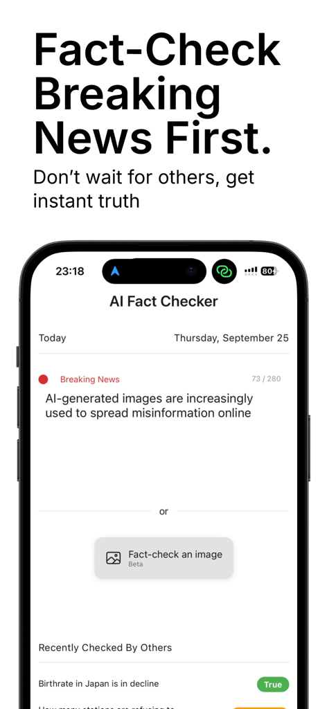 AI Fact Checker App - AI Fact Checker app interface for verifying breaking news claims and images
