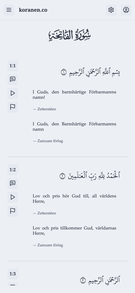 Koranen på svenska zamzam - Interfaz móvil de la aplicación Koranen på svenska zamzam mostrando versos coránicos árabes con sus correspondientes traducciones al sueco.