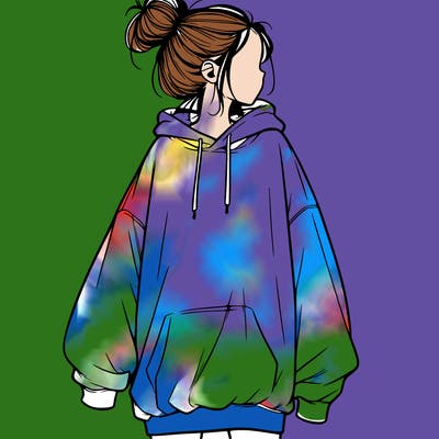 realistic girl with a oversized sweatshirt on and a bun