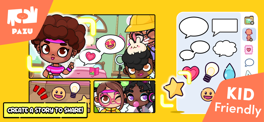 Interface of the Characters Maker app for kids showing avatars and story elements in a comic layout