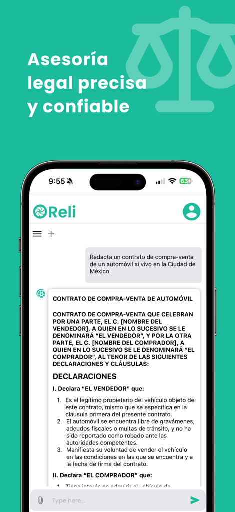 Reli - A mobile interface of the Reli app showing an AI-generated Mexican car sales contract.