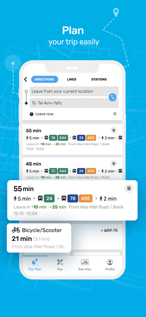 Interfaz de la aplicación HopOn Rav-Pass para planificar un viaje de transporte público a Tel Aviv