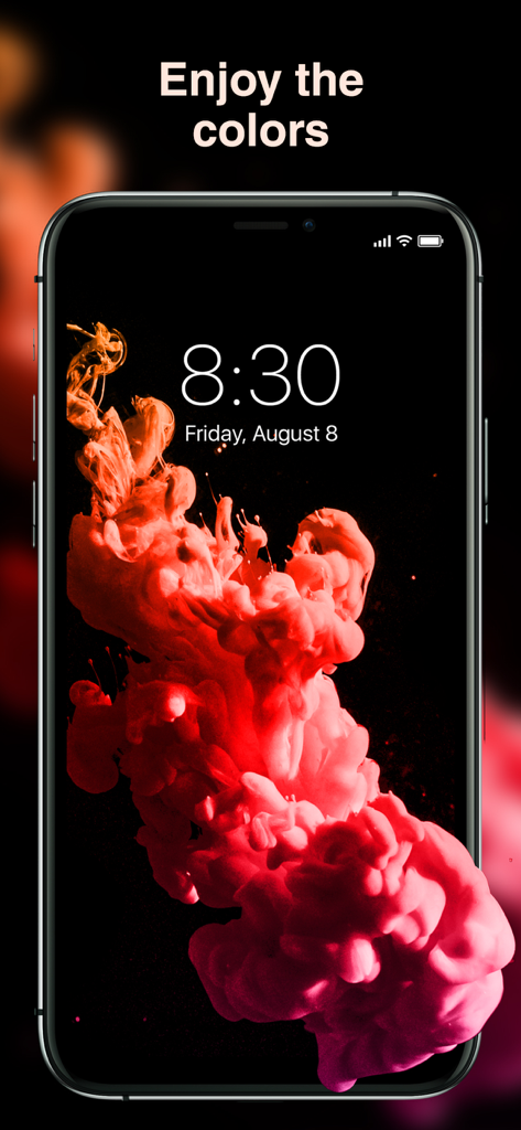 Best Wallpapers 4K - Sfondo astratto di fumo rosso vibrante su uno schermo iPhone con il testo Goditi i colori