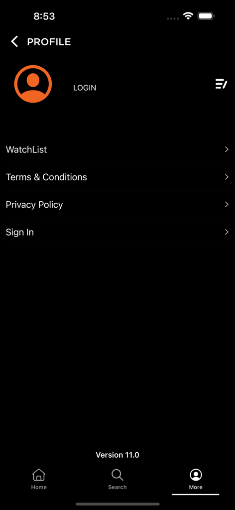 User profile and settings screen in the MyFlix IPTV app showing login options and watchlist.