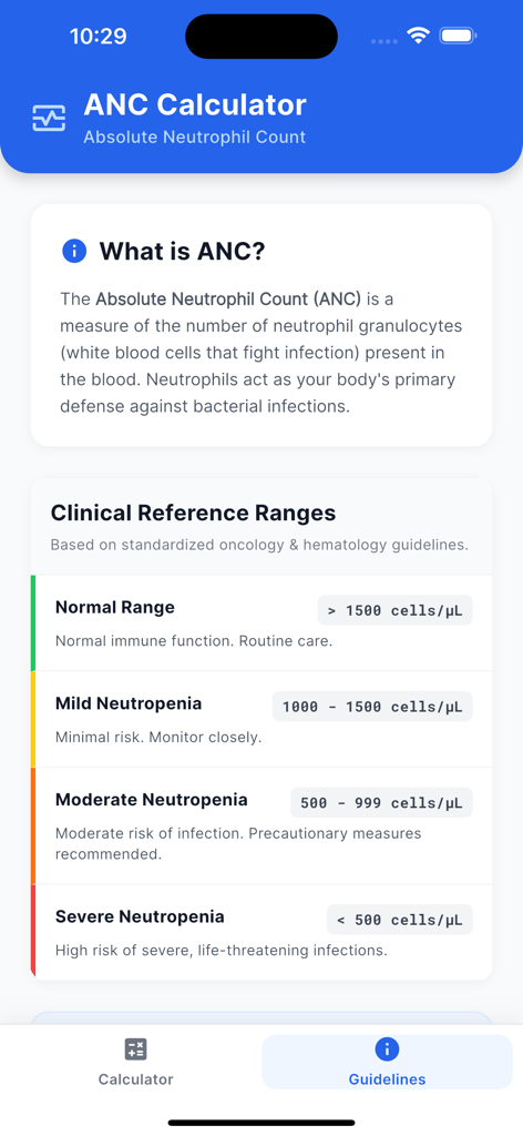 Absolute Neutrophil Count Calc - Absolute Neutrophil Count clinical reference ranges and neutropenia severity levels