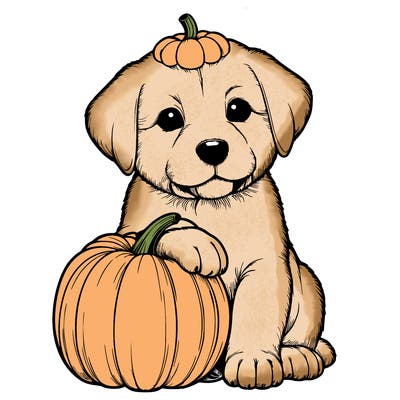 a realistic puppywith a pumpkin on his head