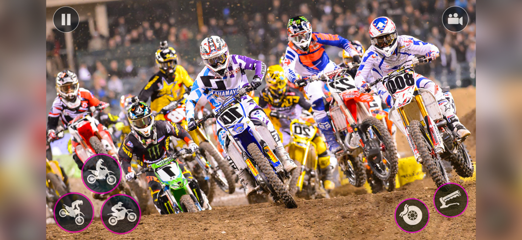 Cena de corrida de motocross cheia de ação com várias motos de sujeira em uma pista