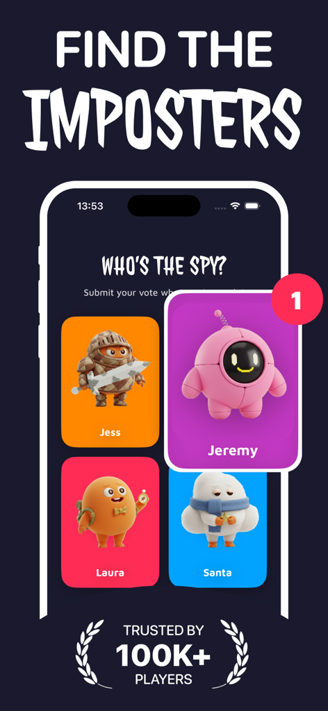 Imposters Game — Bluffit - Pantalla del juego Bluffit mostrando la interfaz de votación con cuatro personajes de dibujos animados y la pregunta ¿Quién es el espía?