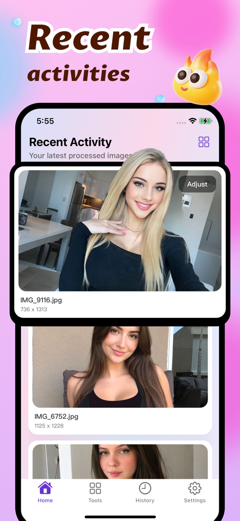 Cosmo - Batch Image Processor - Una lista de fotos procesadas recientemente que muestra nombres de archivo y dimensiones en el historial de la aplicación Cosmo.