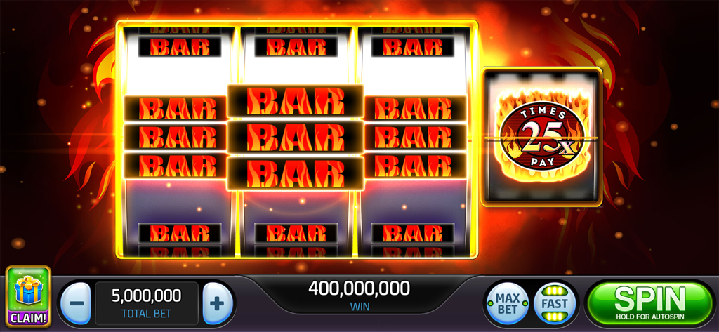 Slots Blastモバイルゲーム画面、炎のようなリールと25倍の勝利倍率を表示