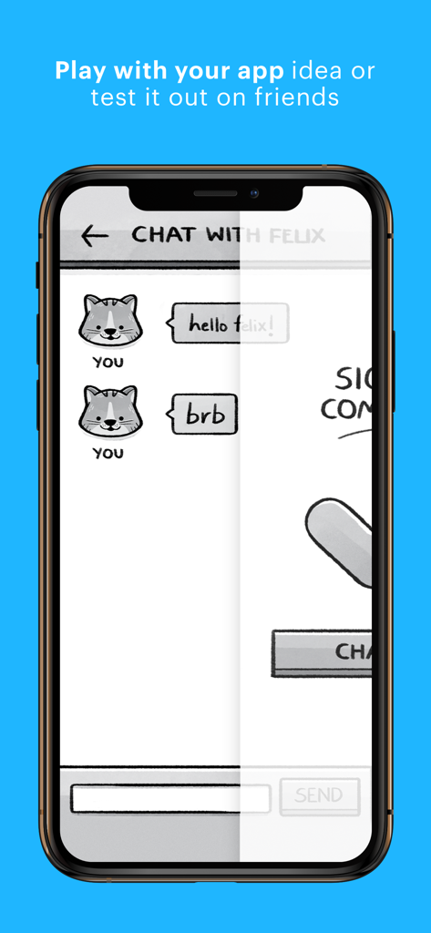 Hand-drawn chat app prototype displayed on an iPhone using the Marvel app