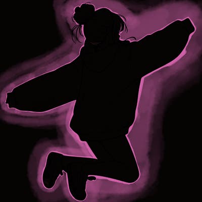 realistic girl jumping with a bun and oversized sweatshirt
