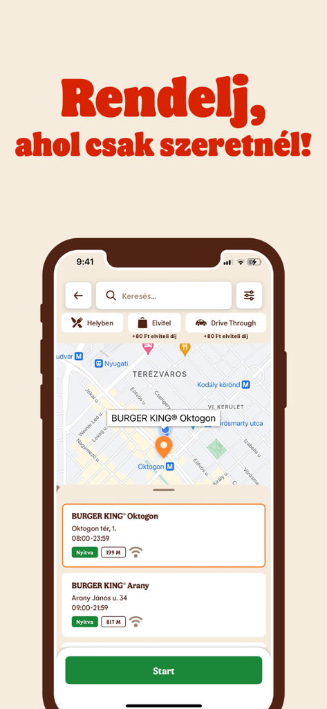 Screenshot der Burger King Ungarn App, die eine Restaurantfinder-Karte mit nahegelegenen Standorten in Budapest und Bestelloptionen zeigt.
